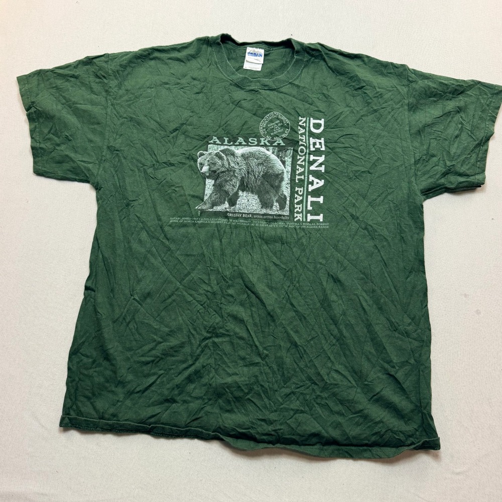 Gildan T-Shirt Mens Extra Large Green Excellent Denali National Park Alaska Bear